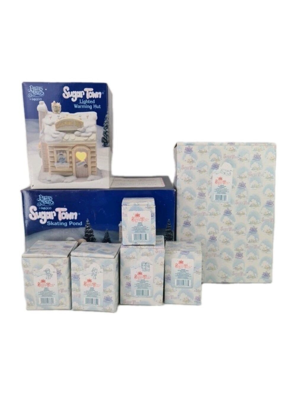 Precious Moments Sugar Town Skating Pond 7 pc Set Complete Retired 184128